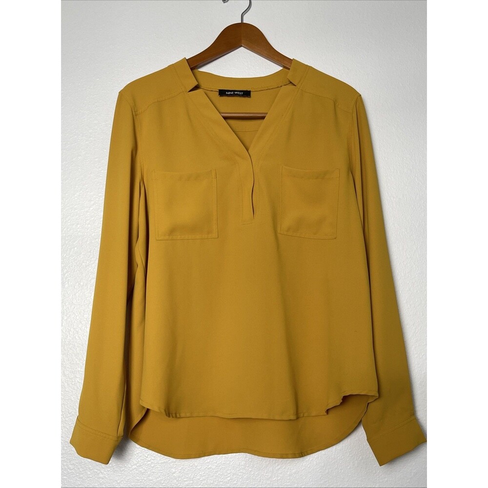 Womans Nine West Medium Mustard Yellow 1/2 Way Front Button Shirt Office Casual